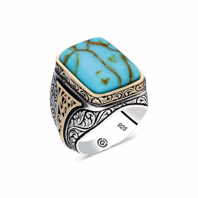 Gümüş Turkuaz Çizgi Geçişli Taşlı Kare Erkek Yüzük satın al Gümüş Turkuaz Çizgi Geçişli Taşlı Kare Erkek Yüzük
